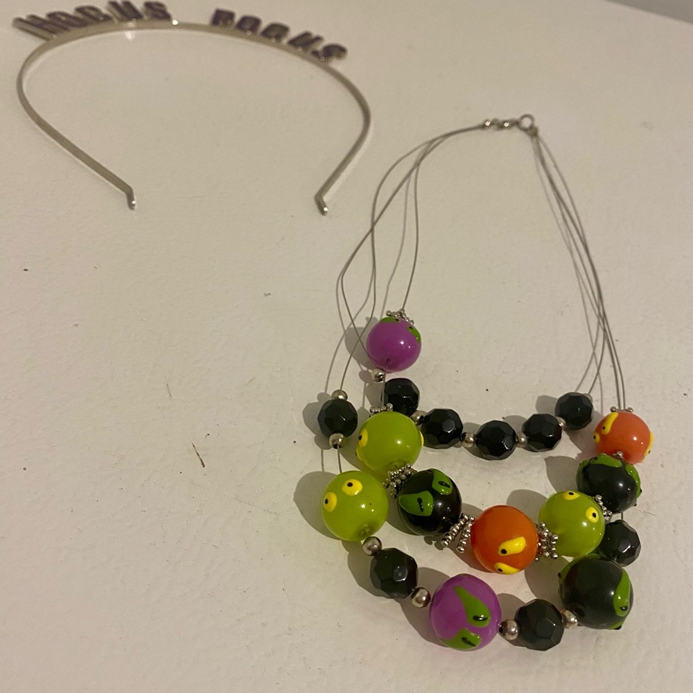 Halloween Beaded Necklace and Headband Set Colorful Hocus Pocus